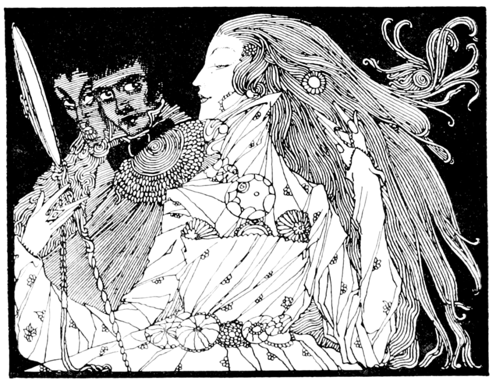 An early 20th century black and white illustration of Cinderella in her ballgown, by Arts & Crafts artist Harry Clarke.