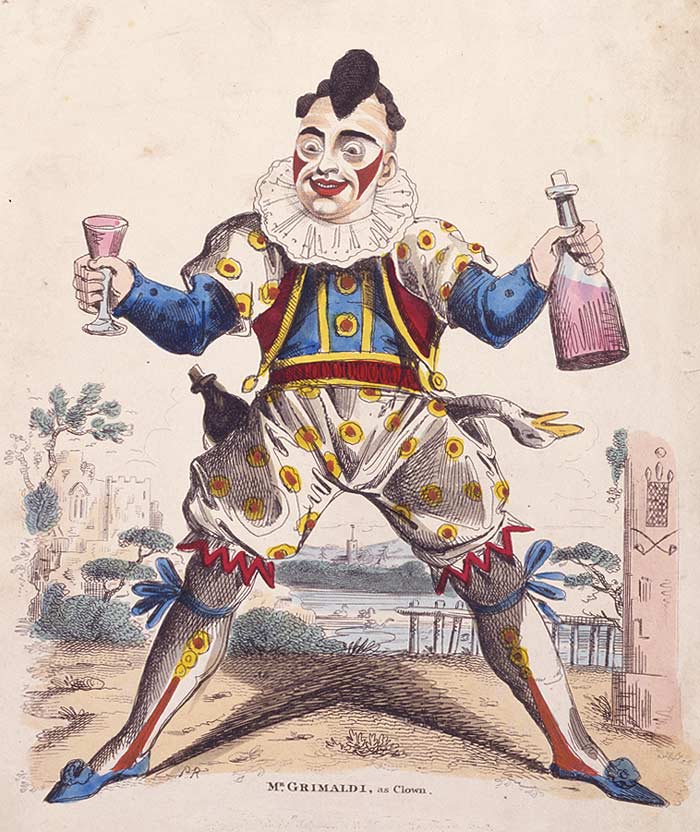 An artist's impression of Joseph Grimaldi as the Clown Joey. By George Cruikshank, 1820.