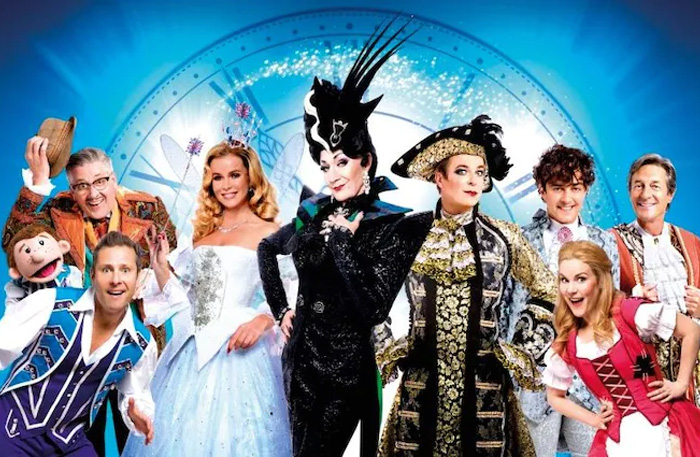 Cast production image for Cinderella at the London Palladium. Featuring Paul Zerdin as Buttons, Amanda Holden as Fairy Godmother, Julian Clary as Dandini, Paul O'Grady as Wicked Stepmother  and Lee Mead as Prince Charming.
