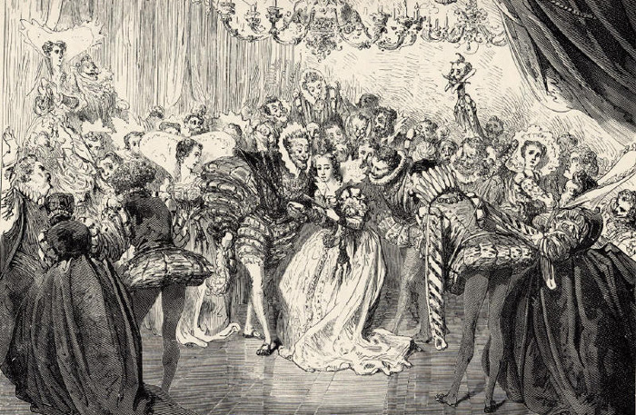 A black and white illustration of the ball scene in Perrault's Cinderella, by artist Gustave Doré.