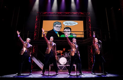 Ben Joyce, Adam Bailey, Benjamin Yates and Karl James Wilson in Jersey Boys at Trafalgar Theatre