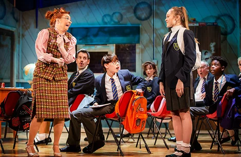 Lara Dennings (Miss Elf), Rufus Kampa (Adrian) and Rebecca Nardin (Pandora) in The Secret Diary of Adrian Mole at the Ambassador's Theatre London
