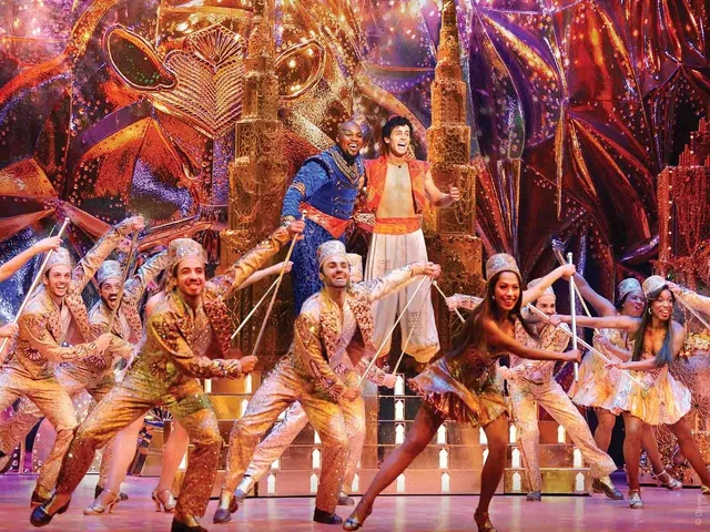 Genie (Michael James Scott) and Aladdin (Ainsley Melham) in Aladdin Broadway