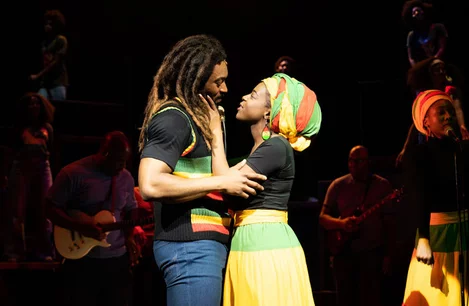 Arinzé Kene (Bob Marley) and Gabrielle Brooks (Rita Marley) in Get Up, Stand Up! at the Lyric Theatre
