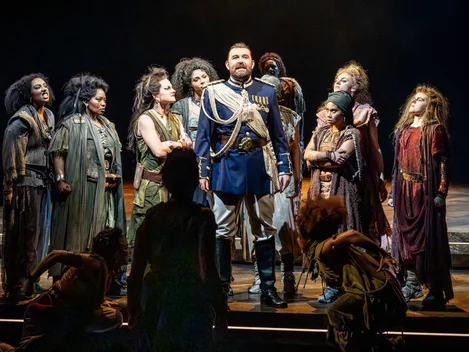 James McArdle as Pentheus with the cast of Bacchae