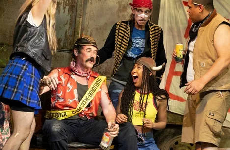 Charlotte O'Leary (Tanya), Mark Rylance (Johnny "Rooster" Byron), Mackenzie Crook (Ginger), Kemi Awoderu (Pea) and Ed Kear (Davey) in Jerusalem