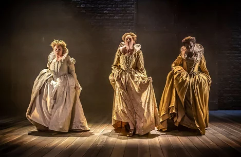 The cast of Orlando in the West End wearing Elizabethan dresses