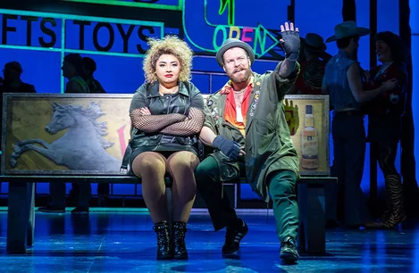 Courtney Bowman as Kit De Luca and Andy Barke as Happy Man in Pretty Woman: The Musical