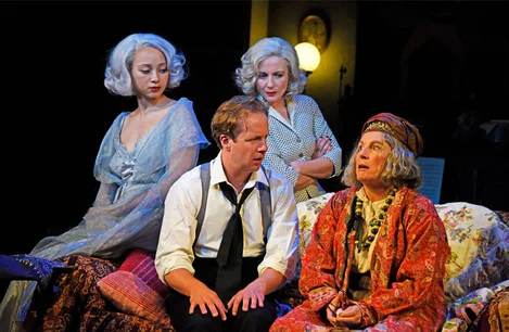 Emma Naomi (Elvira), Geoffrey Streatfeild (Charles), Lisa Dillon (Ruth) and Jennifer Saunders (Madame Arcati) in Blithe Spirit