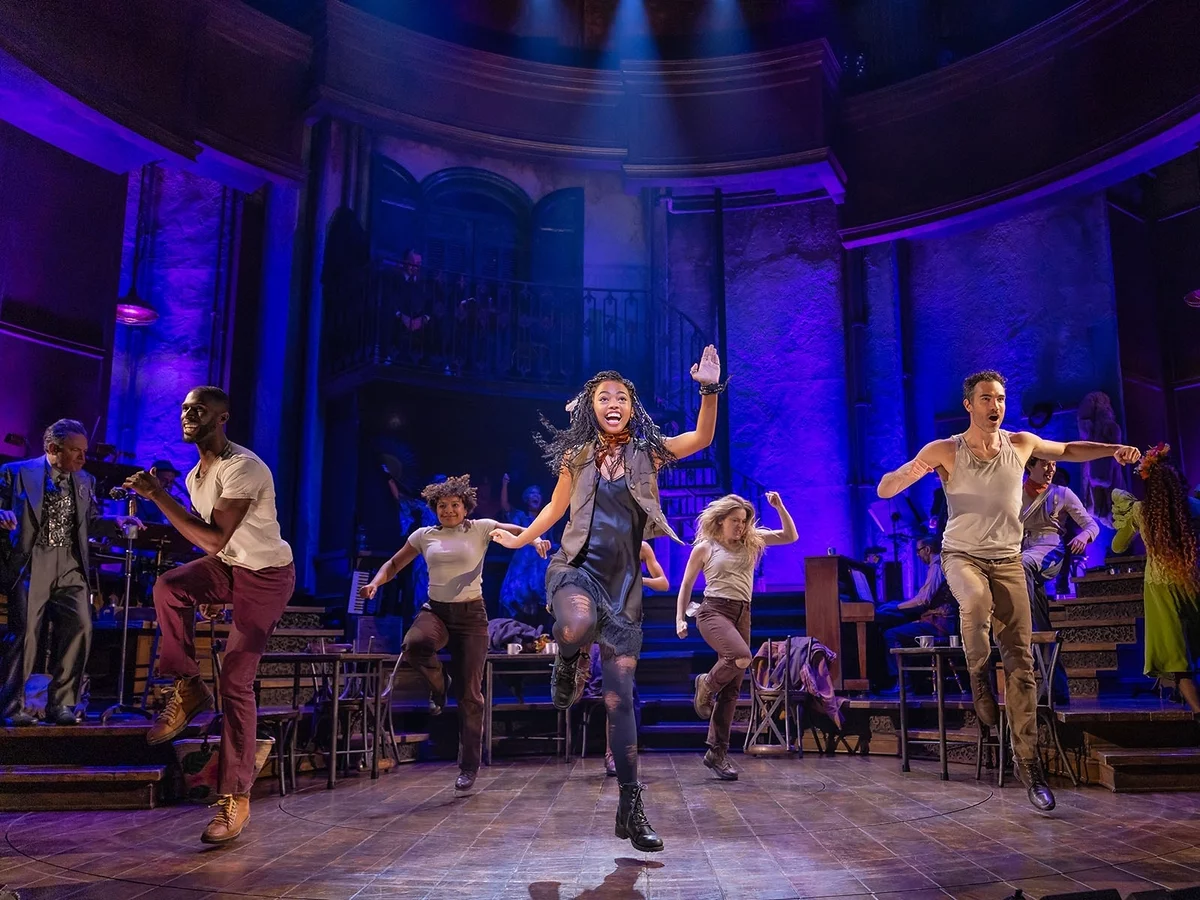 Morgan Dudley (Eurydice) and the cast of Hadestown on Broadway