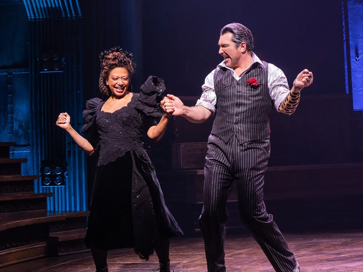 Persephone (Rebecca Naomi Jones) and Hermes (Kurt Elling) in Hadestown on Broadway