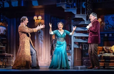 Harry Hadden-Paton (Henry Higgins), Amara Okereke (Eliza Doolittle) and Malcolm Sinclair (Colonel Pickering) in My Fair Lady