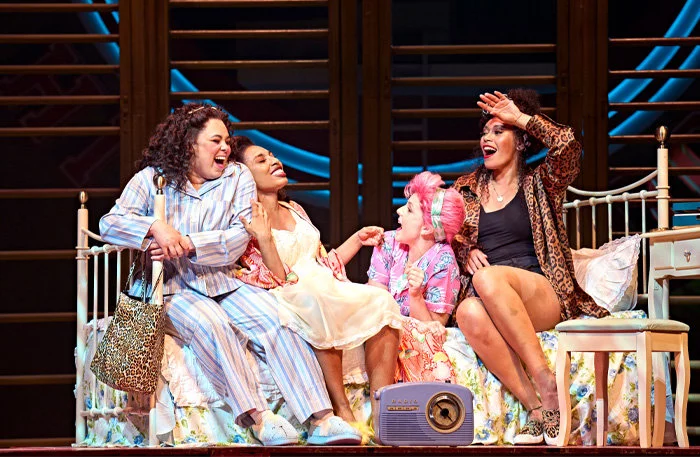 Mary Moore (Jan), Lizzy-Rose Esin-Kelly (Marty), Eloise Davies (Frenchie) and Jocasta Almgill (Rizzo) in Grease at the Dominion Theatre