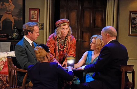 Jennifer Saunders (Madame Arcati) and the cast of Blithe Spirit at the Harold Pinter Theatre