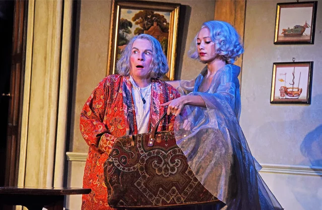Jennifer Saunders (Madame Arcati) and Emma Naomi (Elvira) in Blithe Spirit at the Harold Pinter Theatre