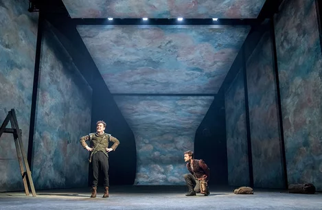 Joshua McGuire as Guildenstern and Daniel Radcliffe as Rosencrantz