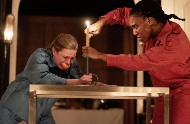 Katy Stephens (Titus) and Kibong Tanji (Aaron) in Titus Andronicus at Sam Wanamaker Playhouse