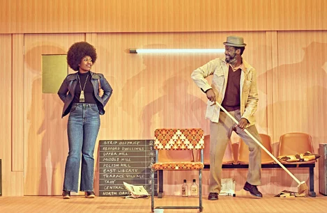 Leanne Henlon (Rena) and Sule Rimi (Turnbo) in Jitney at the Old Vic Theatre