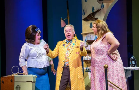 Lizzie Bea (Tracy), Les Dennis (Wilbur) and Michael Ball (Edna) in Hairspray at the London Coliseum