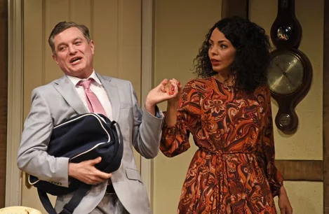 Mathew Horne and Sasha Frost in Noises Off