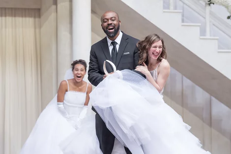 Assa Kanouté, Ken Nwosu, and Pippa Nixon in Much Ado About Nothing.