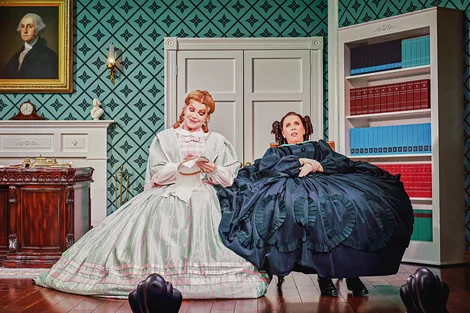 Kate O'Donnell as Mary's Chaperone and Catherine Tate as Mary Todd Lincoln in Oh, Mary!