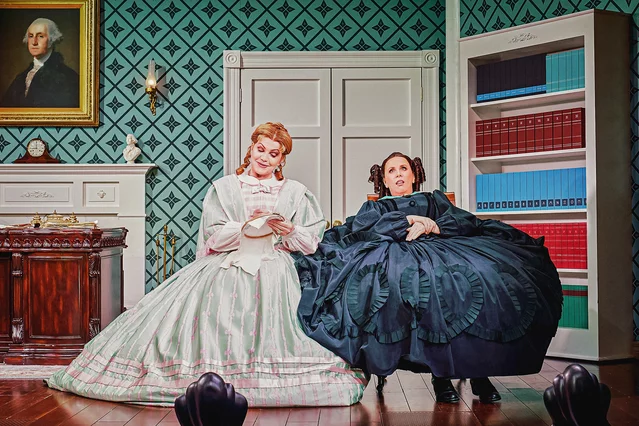 Kate O'Donnell as Mary's Chaperone and Catherine Tate as Mary Todd Lincoln in Oh, Mary!