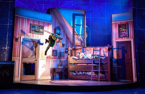 Peter flies in Peter Pan Goes Wrong on Broadway