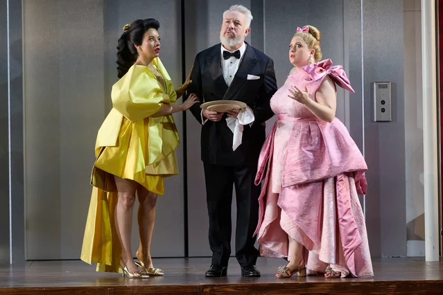 Isabelle Peters, Simon Bailey, and Grace Durham in ENO's Cinderella (La Cenerentola)