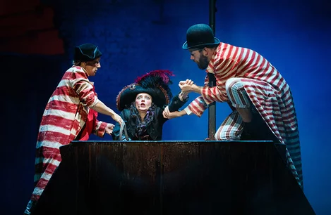 Laura Cubitt as Pirate, Anna Francolini as Captain Hook and Felix Hayes as Smee in Peter Pan