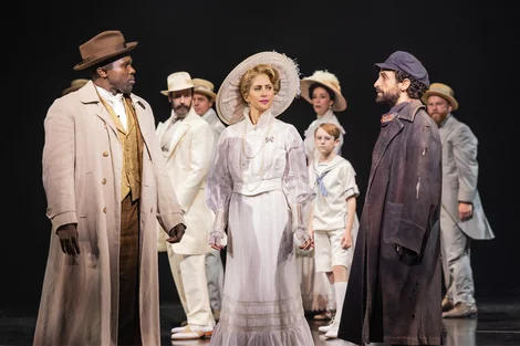 Joshua Henry as Coalhouse Walker Jr., Caissie Levy as Mother, Brandon Uranowitz as Tateh and the cast of Ragtime.
