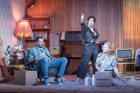 Sam Swainsbury, Charly Clive and Sally Phillips in The Relics. Photo by Marc Brenner