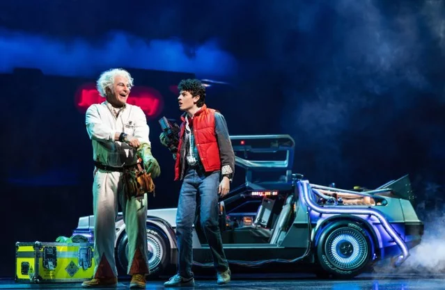 Roger Bart (Doc Brown) and Casey Likes (Marty McFly) in Back to the Future on Broadway
