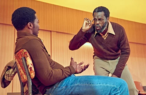 Solomon Israel (Youngblood) and Sule Rimi (Turnbo) in Jitney at the Old Vic Theatre
