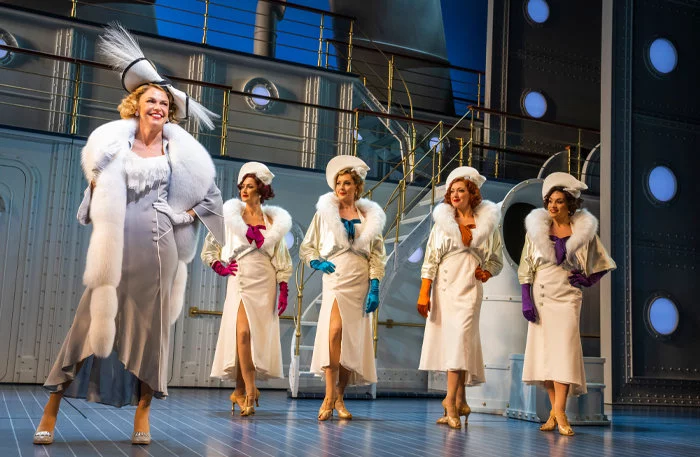 Sutton Foster, Selina Hamilton, Alexandra Wright, Charlene Forde and Frances Dee in Anything Goes at the Barbican Theatre
