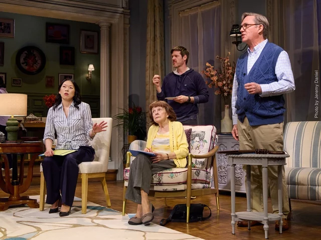 Melissa Han (Jeena Yi), Alan Kirkby (Michael Esper), Penny Buell (Marylouise Burke), and Elliot Emrson (Richard Thomas) in The Balusters