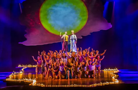 Luke Brady (Moses), Liam Tamne (Ramses) and the cast of The Prince of Egypt at the Dominion Theatre, London