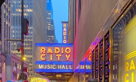 The exterior of Radio City Music Hall during the day