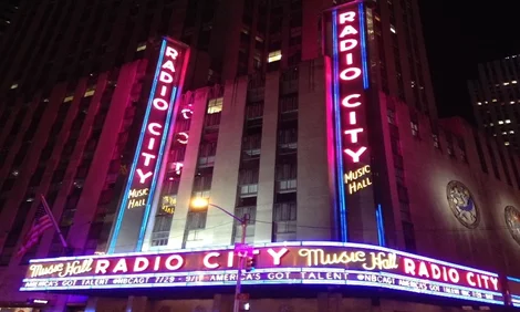 The exterior of Radio City Music Hall at night