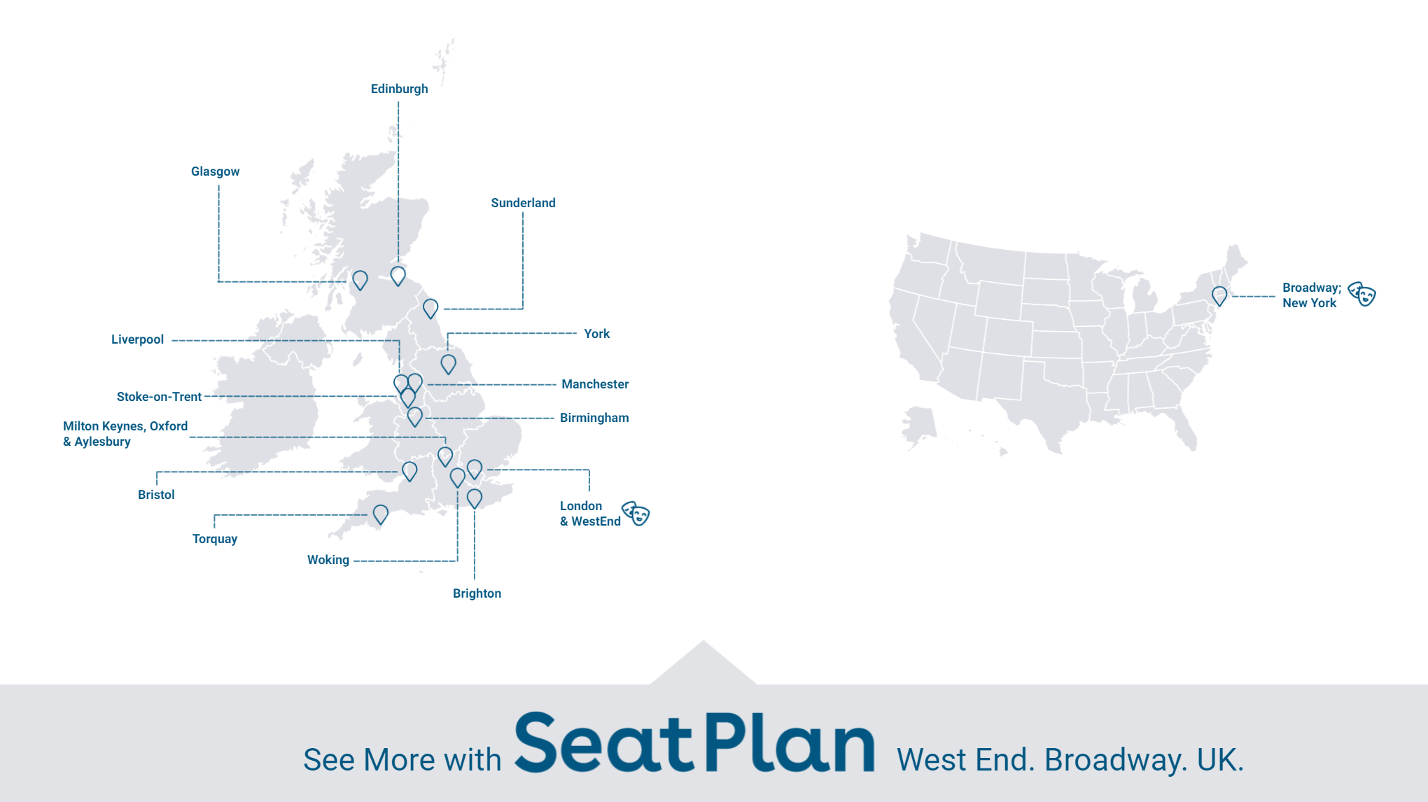map showing locations and venues that SeatPlan covers, including West End, Broadway and major UK cities