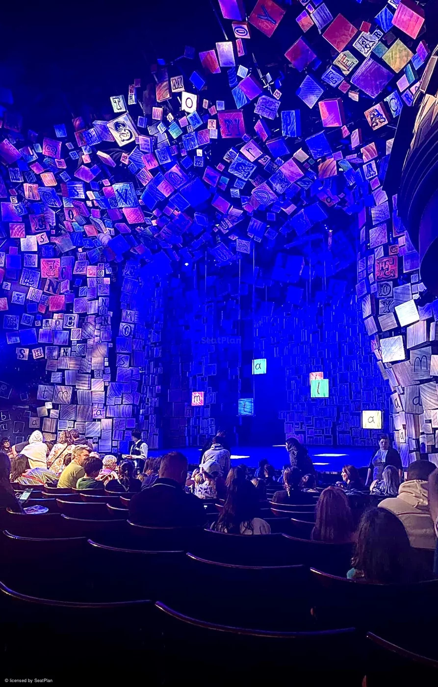 a seat view photo from a wheelchair accessible seat at the cambridge theatre, stalls N1, showing the colourful set of Matilda. 