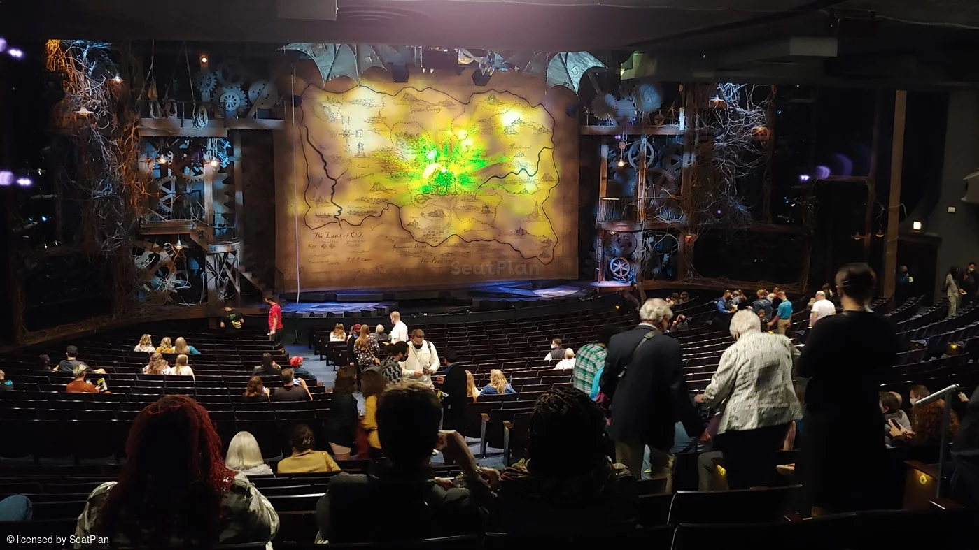 A seat view photo for Wicked Broadway It shows the stage at the Gershwin theatre, with the safety curtain down. as seen from the Orchestra.